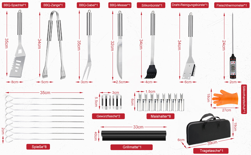 Набір гриль-посуду 11 предметів, 34 см, нержавіюча сталь. Комплектація: щипці, виделка, кейс. Практичний багатофункціональний набір для барбекю, подарунок для чоловіків (срібний)