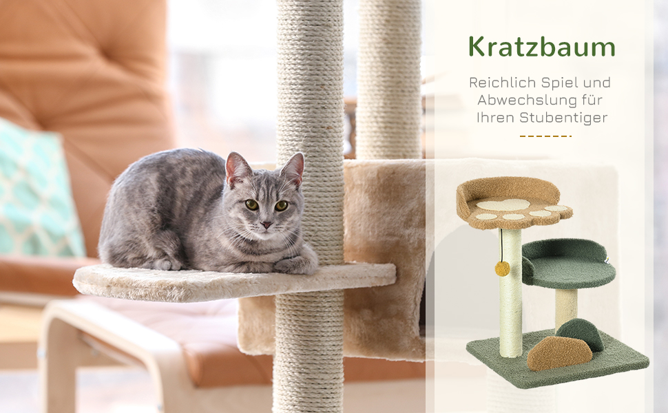 Котячий будиночок PawHut: двоелементний когтетоп з м'ячем, 52 см, сізал, для котів до 5 кг, 43 x 39 x 52 см