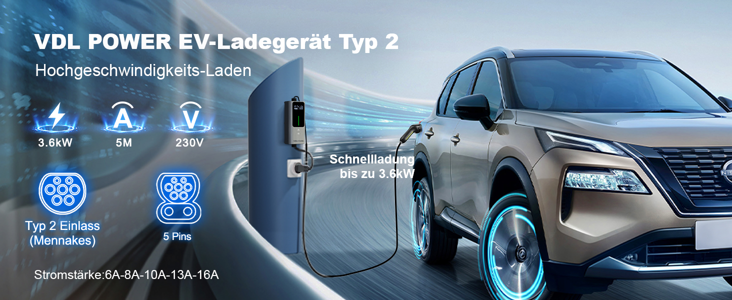 Кабель для зарядки електромобіля Type 2, 3.6 кВт / 5 м, 6A-16A, портативний зарядний пристрій для електрокар, сумісний з EU-Schuko (3.68 кВт)