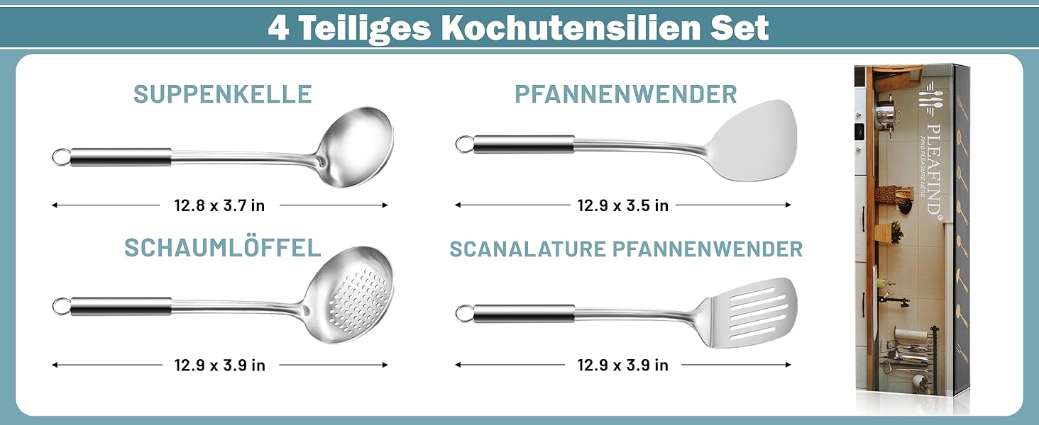 Набір кухонного приладдя Pleafind 4 шт. з нержавіючої сталі (304) - ложка, шумовка, лопатка, ложка для супу