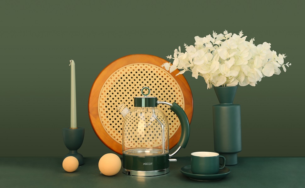 Електричний чайник ASCOT зі скла та нержавіючої сталі, 2200W, 1.5L, без BPA, тихий, швидкий, бездротовий, з захистом від сухого кипіння та автовимкнення, білий (Смарагдовий)