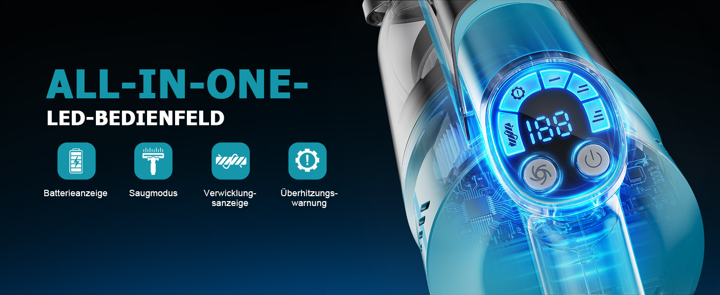 Бездротовий акумуляторний пилосос 700W з 2 акумуляторами 4.0 Ah, LED-дисплеєм, щіткою проти ковтунів, об'ємом 2L, синього кольору. Підходить для килимів, шерсті тварин та твердих підлог.