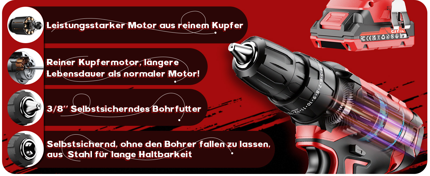 Акумуляторний шуруповерт 21V з двома акумуляторами 2000mAh, 45Nm, 25+3 ступені крутного моменту, LED, для дому та саду, DIY проєкти