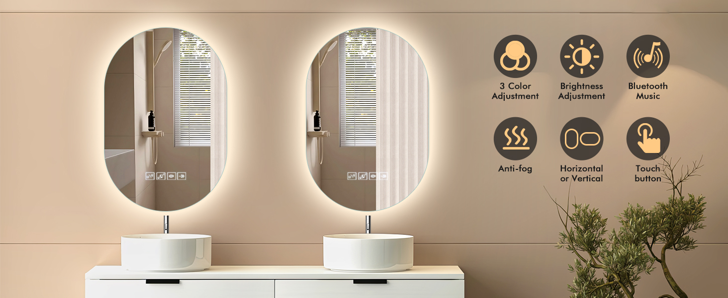 Дзеркало для ванної кімнати з підсвічуванням LED, 60 см, протитуманна функція, Bluetooth, сенсорний вимикач, регулювання яскравості, 3000K/4000K/6500K, HD-загартоване скло, 500x750 мм (овальне)