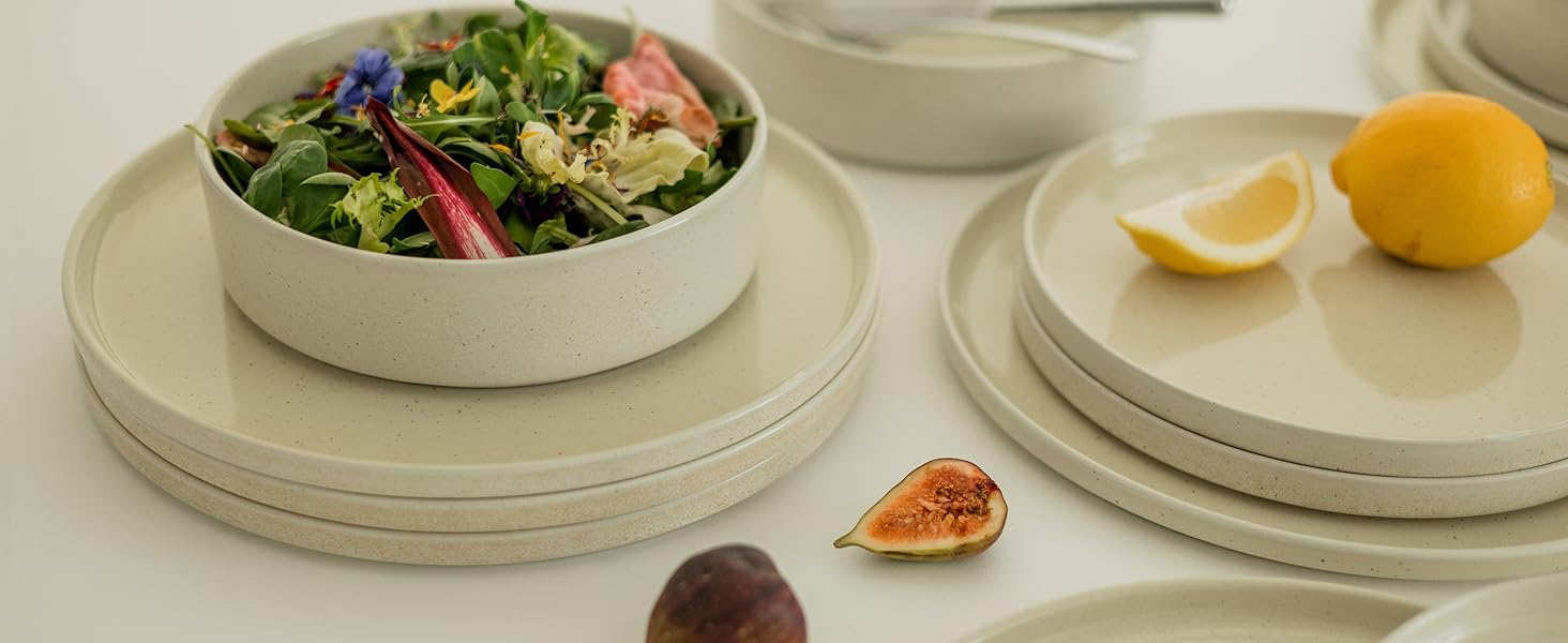 Igunga Stoneware Dinnerware Set - 12 Piece Service for 4 | Reactive Glaze Bowls & Plates - Premium Handcrafted Tableware (Beige)