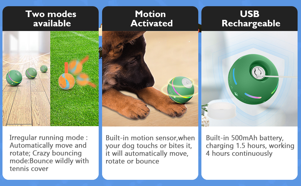 Interactive Dog Ball Toy, Durable Automatic Rolling Ball for Puppies/Small/Medium Dogs, USB Rechargeable (Green)