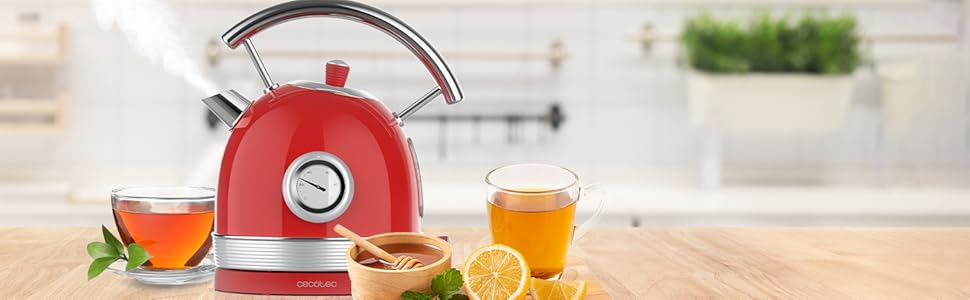 Cecotec Thermosense 420 Vintage Red Stainless Steel Kettle - 1.8L, 2200W, Temperature Display, 8 Cups