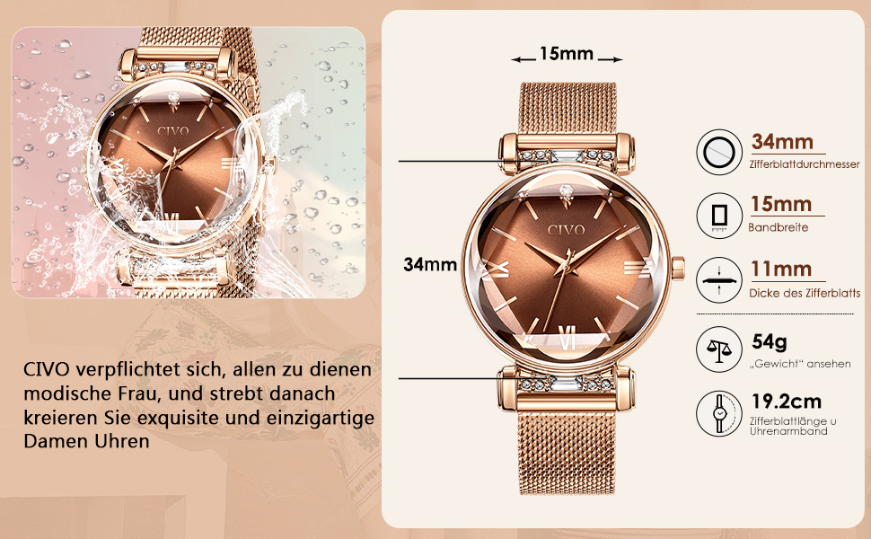 Жіночий годинник CIVO: водостійкий, мінімалістичний, кварцовий, кварцовий годинник для жінок (Y-3 рожеве золото)
