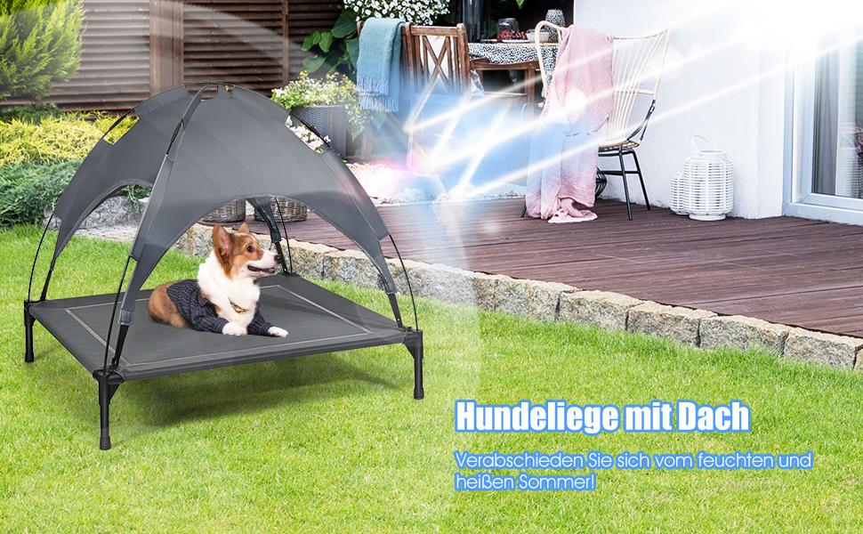 Лежанка для собак GOPLUS з дахом, піднята лежанка для тварин, лежанка для домашніх тварин з металевим каркасом, вологостійке собаче ліжко, котяче ліжко з сонцезахисним тентом, неслизькі накладки на ніжках, для використання в приміщенні та на вулиці (90x81x86 см), 1 шт.