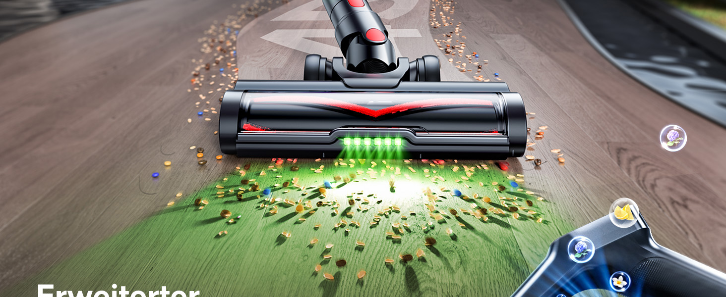 Бездротовий акумуляторний пилосос 600W, 50KPa, 65 хвилин роботи, з HD-дисплеєм, ароматерапією, контейнером 1,8L, світлодіодне освітлення, щітка для килимів, твердих поверхонь та шерсті тварин