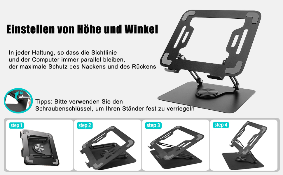 Підставка для ноутбука з регулюванням висоти та поворотним підставою 360°, ергономічна, вентильована, чорна, 10-17 дюймів