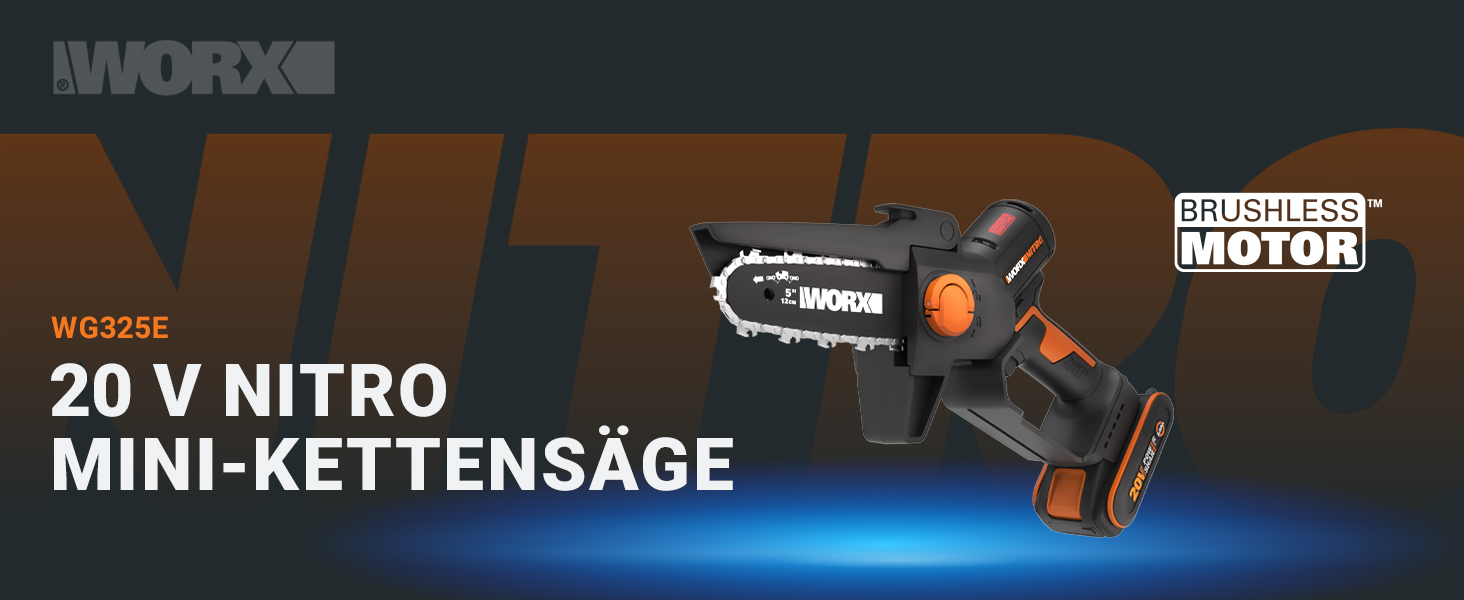 WORX WG325E Nitro Mini акумуляторна бензопила 20V, одноручна пила для гілок, Brushless двигун, 5650 об/хв, довжина різу 12 см, легка та компактна, автоматичне змащення ланцюга (з акумулятором 2Ah та зарядним пристроєм)