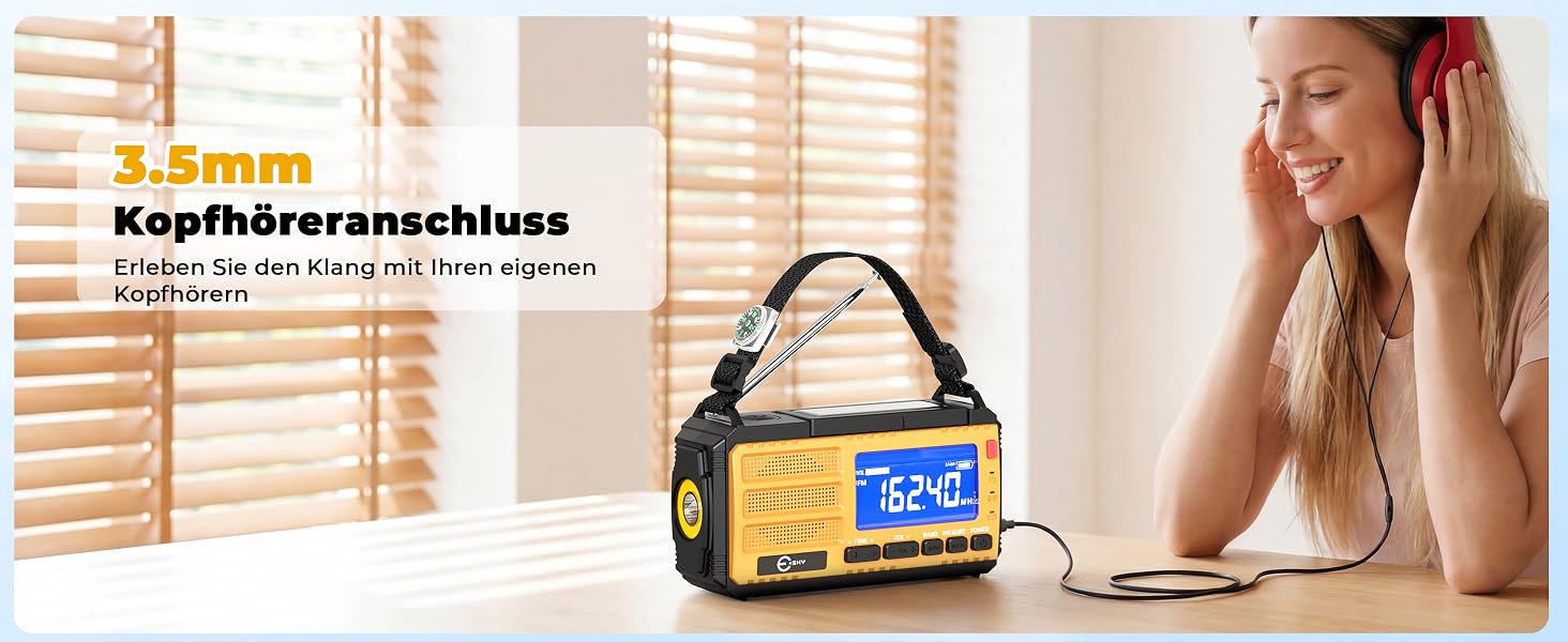 Радіоприймач Esky Kurbelradio з сонячною батареєю, 10000mAh, AM/FM, USB-зарядка, LED-ліхтарик, SOS-сигнал, компас, для кемпінгу та надзвичайних ситуацій, жовтий