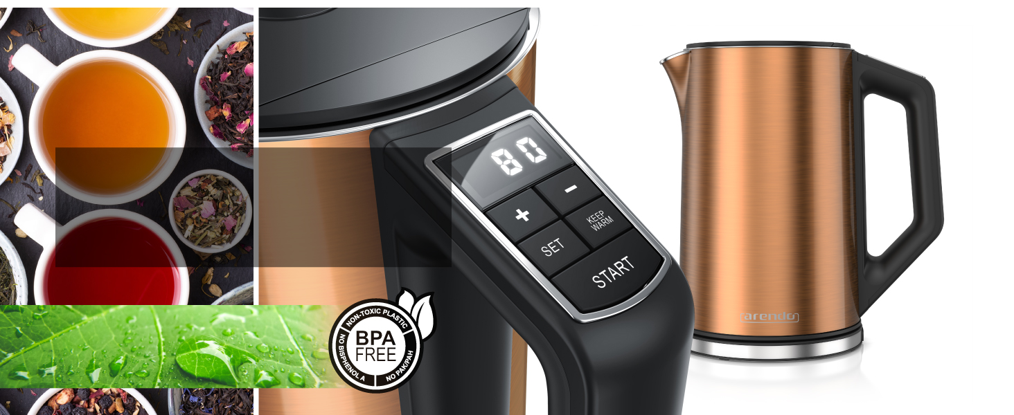 Набір Arendo: чайник, тостер та яйцеварка, нержавіюча сталь, сірий, 1,5л, 40-100°C, 4 тости, LED-дисплей, 6 рівнів підсмажування, для 1-6 яєць