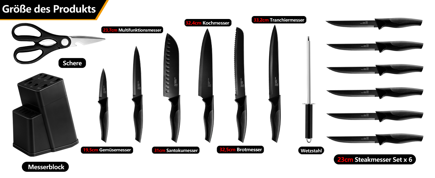 Набір ножів Joyfair 15 предметів з підставкою, з високоякісної нержавіючої сталі, з точильним каменем, кухонний набір з кухонним ножем, ножем для хліба, ножицями та ножами для нарізки та подрібнення, чорний