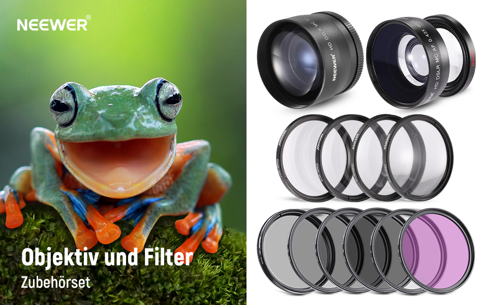 Набір об'єктивів та ND-фільтрів NEEWER для APS-C: ширококутний, телеоб'єктив, макро, UV, CPL, FLD, ND2, ND4, ND8 (58mm)