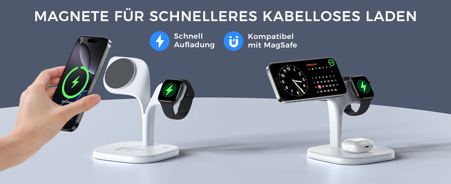 Зарядна станція 3-в-1 для Apple Watch та iPhone з MagSafe, білий колір. Підходить для iPhone 17, 16, 15, 14, 13, 12 Series, Apple Watch 11, 10, 9, 8, 7, 6, 5, 4, 3, 2, SE, Ultra, AirPods Pro/4/3/2. Потужність: 20W.