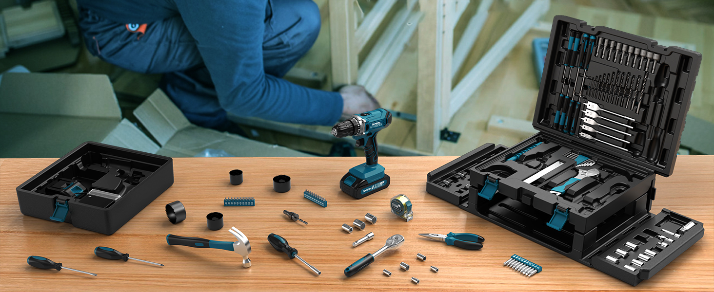 Набір інструментів Sundpey 255 шт. з акумуляторною дриль-шуруповертом 21V, акумуляторний набір з 2 * 2000mAh акумуляторами, ящиковий інструмент з шухлядою для ремонту дому та автомобіля, блакитний