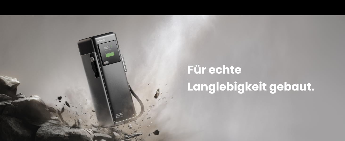 Потужний павербанк SHARGE HyperTower 170W 25000mAh з TFT-дисплеєм, 4 портами (3x USB-C, 1x USB-A) та вбудованими кабелями для MacBook Pro та ноутбуків, чорний