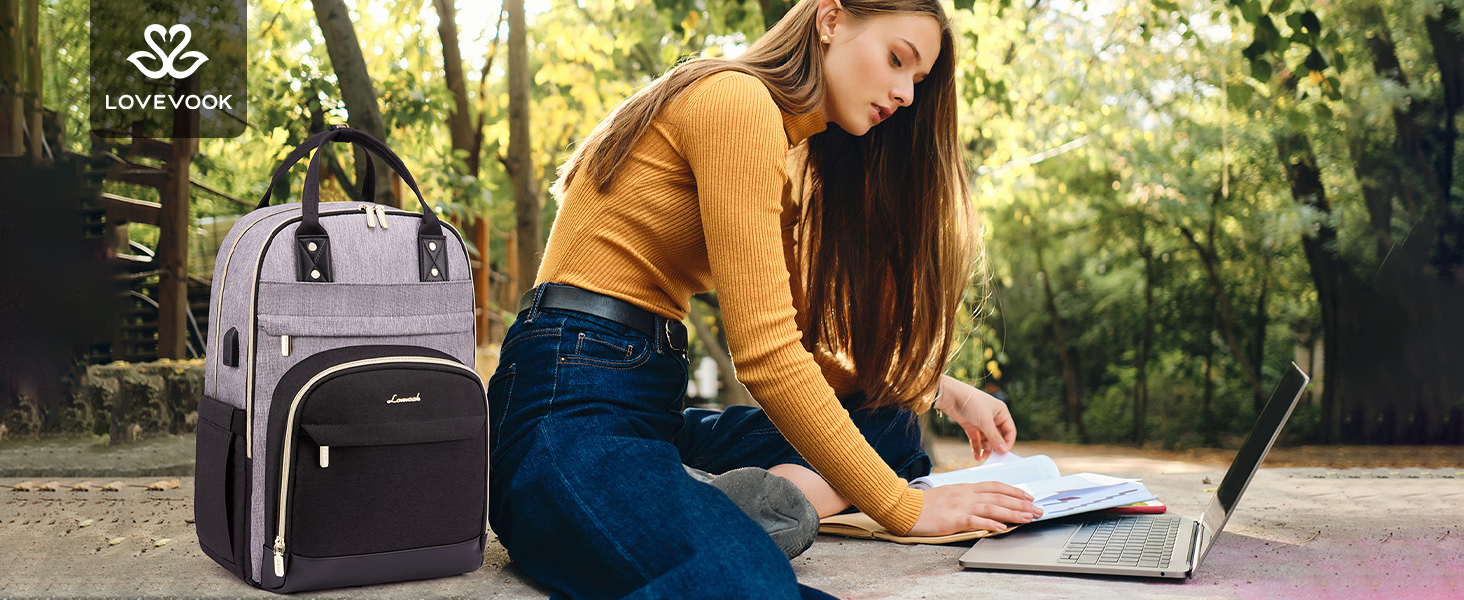 LOVEVOOK Рюкзак для дівчат та хлопців, водонепроникний, з відділенням для ноутбука 15.6 дюймів, для школи, подорожей, роботи. Серія Anti-Theft, сірий+чорний, Pu