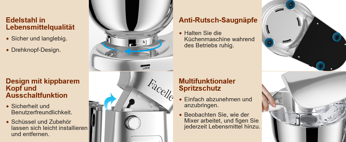 Кухонна машина-міксер Facelle 1500W з 5.5/4.5л чашею, 10+ програм, тиха робота, набір насадок (крюк, вінчик, віночок, захист від бризок)