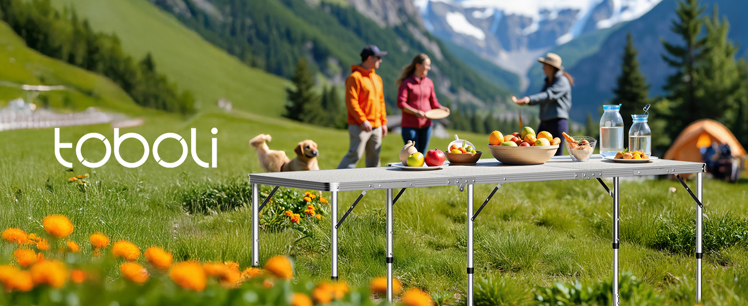 Складаний туристичний стіл 180x60x70 см з регулюванням висоти, алюмінієвий каркас, стільниця МДФ, багатофункціональний, для кемпінгу, саду, дачі