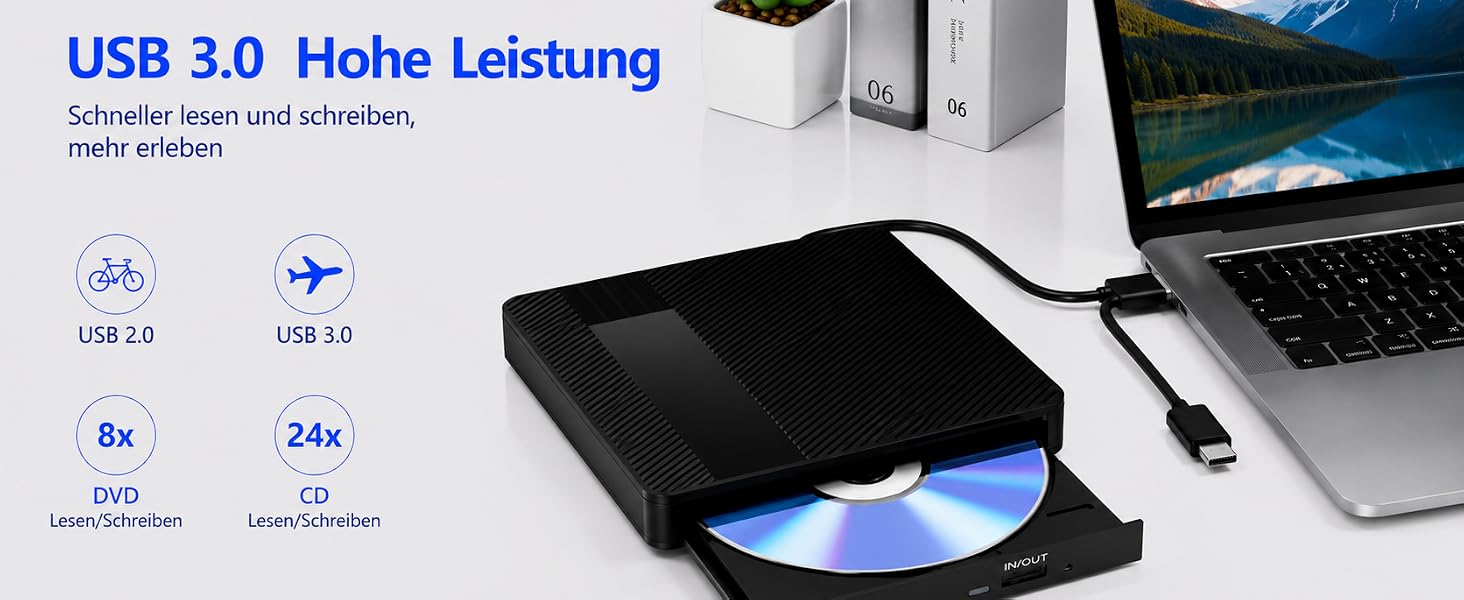 Зовнішній USB 3.0 Type-C CD/DVD привід-записувач (DVD +/-RW), портативний для ноутбука, ПК та Mac (Windows, Linux, macOS), чорний