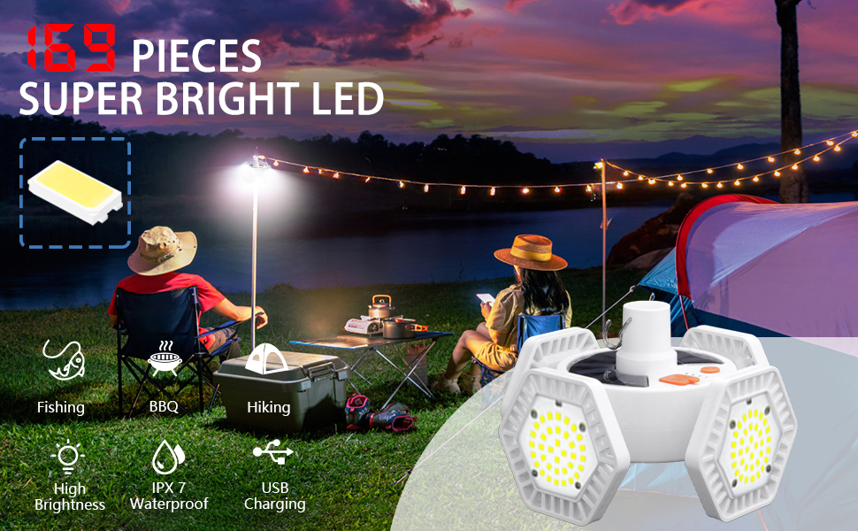 LED кемпінг-лампа 169 діодів, сонячна зарядка, ліхтар із пультом, павербанк, USB, для намету, 8000 люмен, 5 режимів, 360° освітлення, водонепроникна, складана