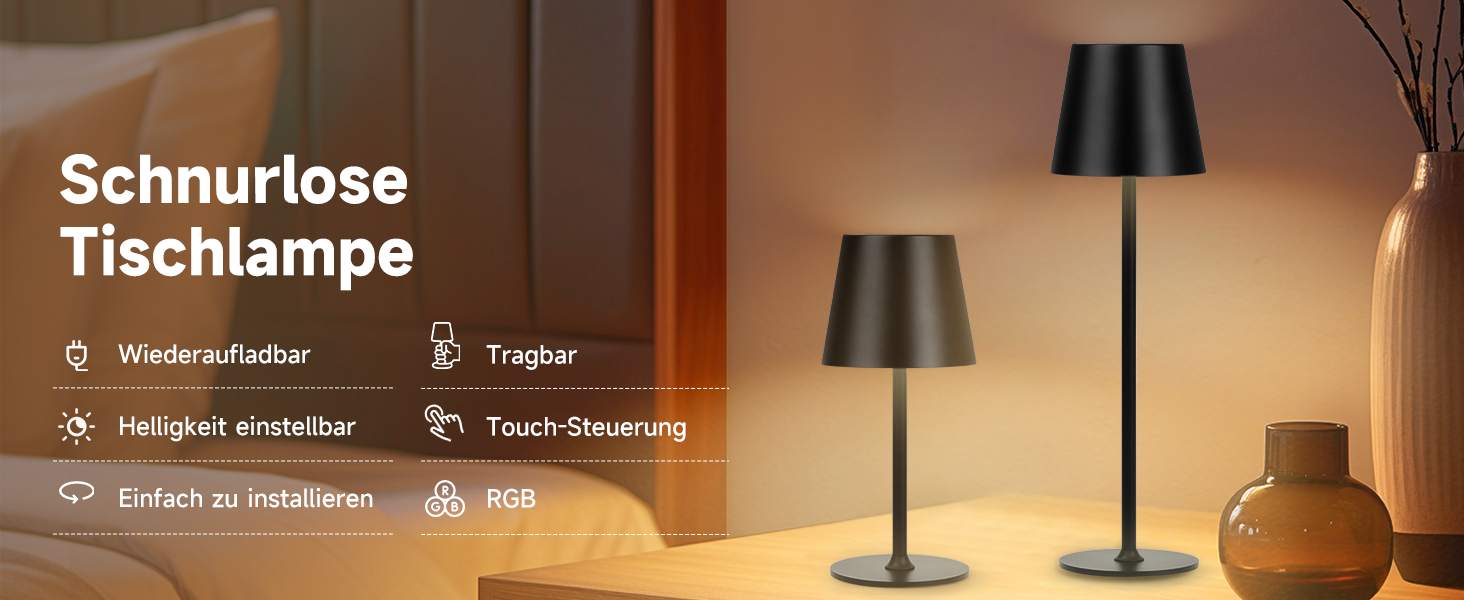 Бездротові LED-лампи настільні, перезаряджаються, 2 шт., 3000K, RGB, USB-C, 5500mAh, вологостійкі, чорні