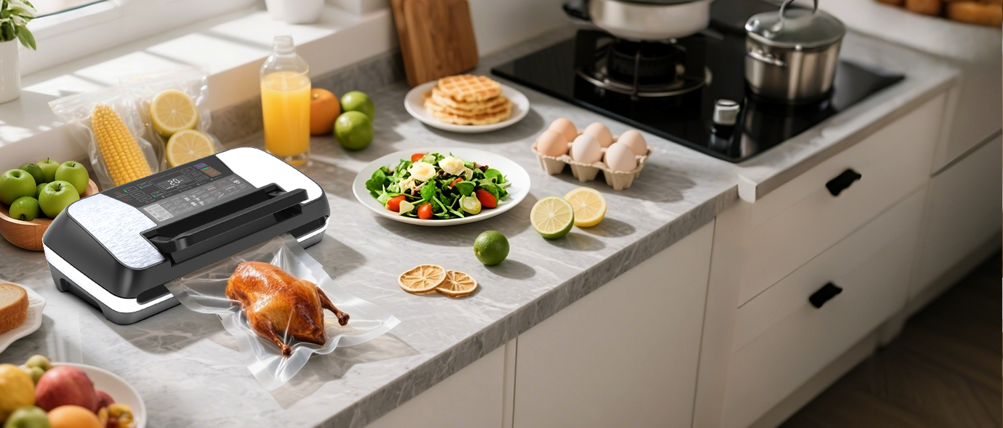 Вакуумний пакувальник OidoZac 85kPa, 12-в-1, з подвійною зварювальною лінією, вбудованим різаком та контейнером для пакетів, срібно-чорний