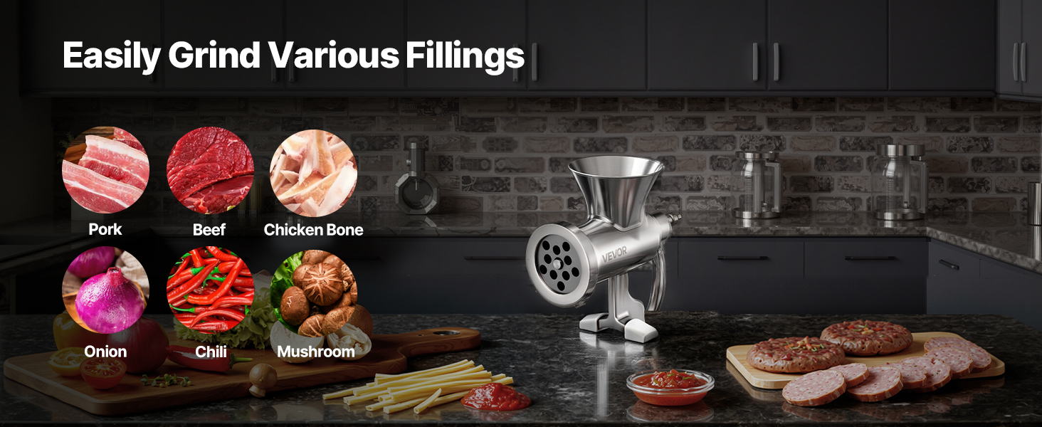 М'ясорубка ручна VEVOR з нержавіючої сталі 304, з насадкою для ковбас, кріпленням до столу та 2 дисками (4.5/8 мм) + 4 насадки для ковбас