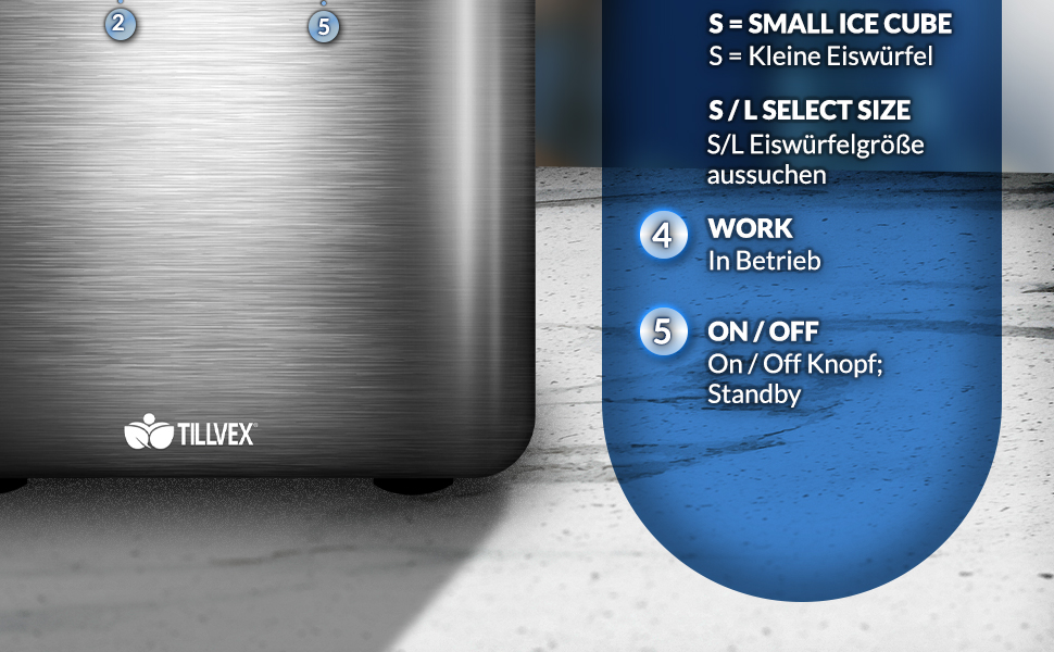 Tillvex Stainless Steel Ice Maker - 12kg Capacity, 24-Hour Production | 2.2L Water Tank, LED Display, Self-Cleaning Function | 2 Ice Cube Sizes