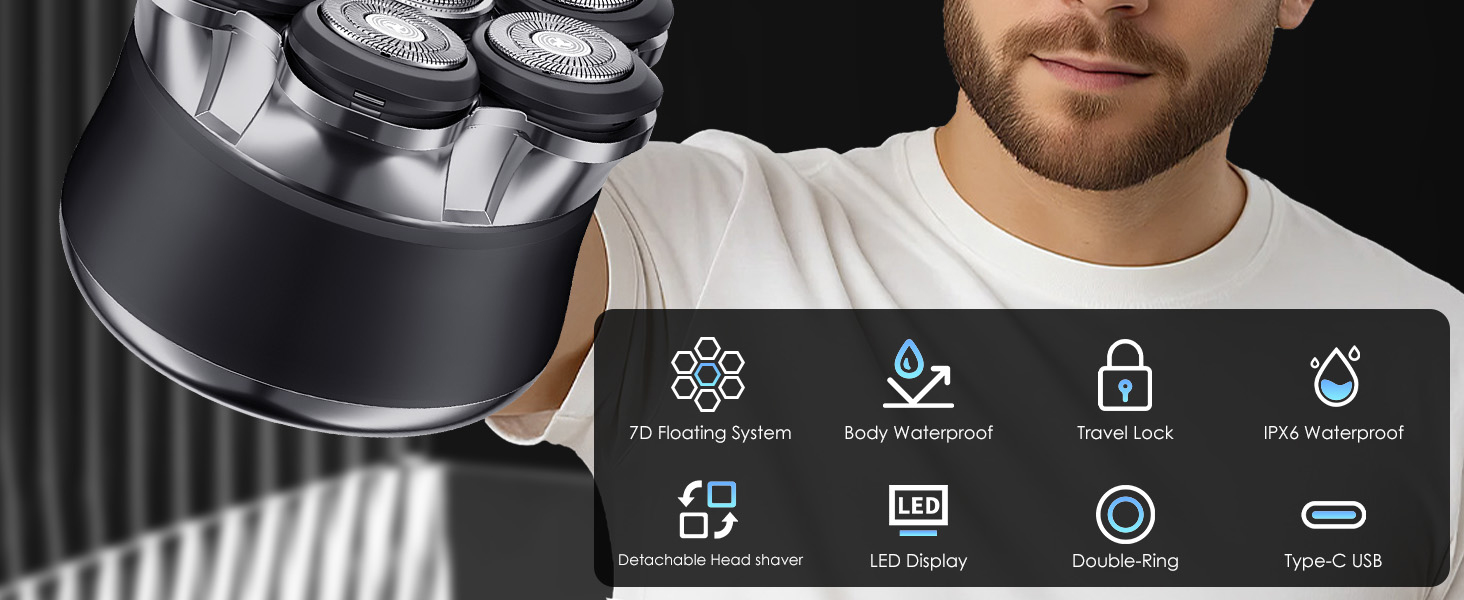 Електрична бритва Glatzen для чоловіків з плаваючою головкою, LED-дисплеєм, 2 режимами, Type-C зарядкою, водонепроникна, чорна