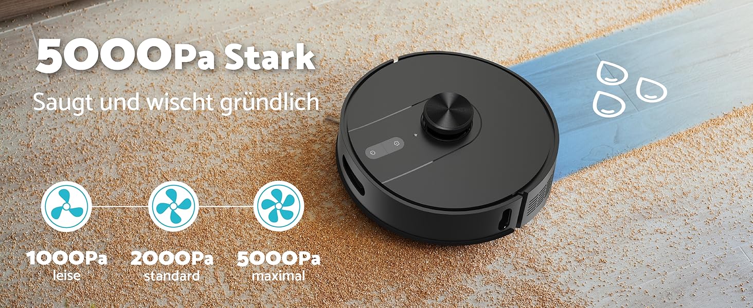 Робот-пилосос Aeco X5 VacuBot з функцією миття підлоги. Потужність всмоктування 5000Pa, лазерна навігація, час роботи до 160 хвилин, керування через додаток та пультом. Ідеально для шерсті тварин, килимів та твердих підлог.