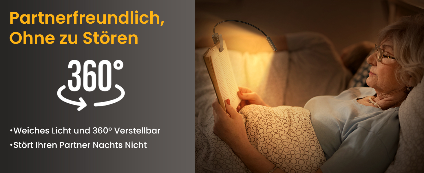 LED лампа для читання з кліпсою, захист очей, 6 LED, 3 режими яскравості (теплий/холодний/білий), USB перезарядна, 360° регульована, для читання, ліжка, офісу, подорожей, чорна