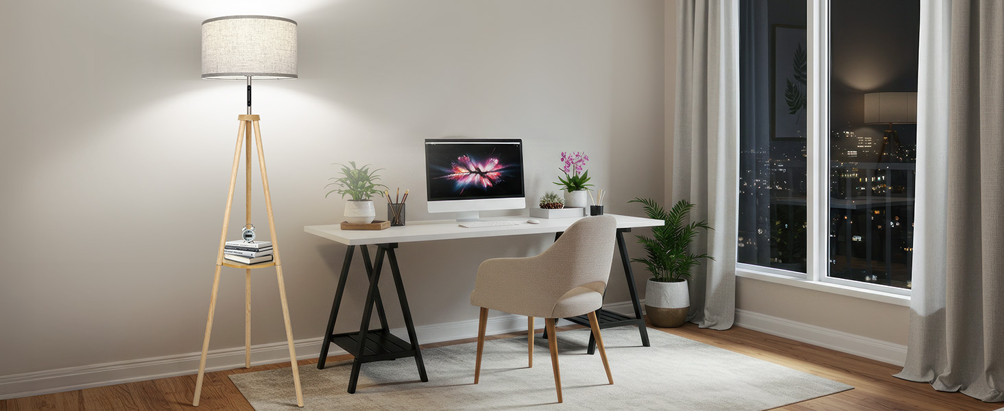 LED торшер OUTON з регулюванням яскравості, тринога, дерево, з полицею, пульт, 4 режими кольору, таймер 1 год, для вітальні, спальні, офісу (горіх, з сенсором)