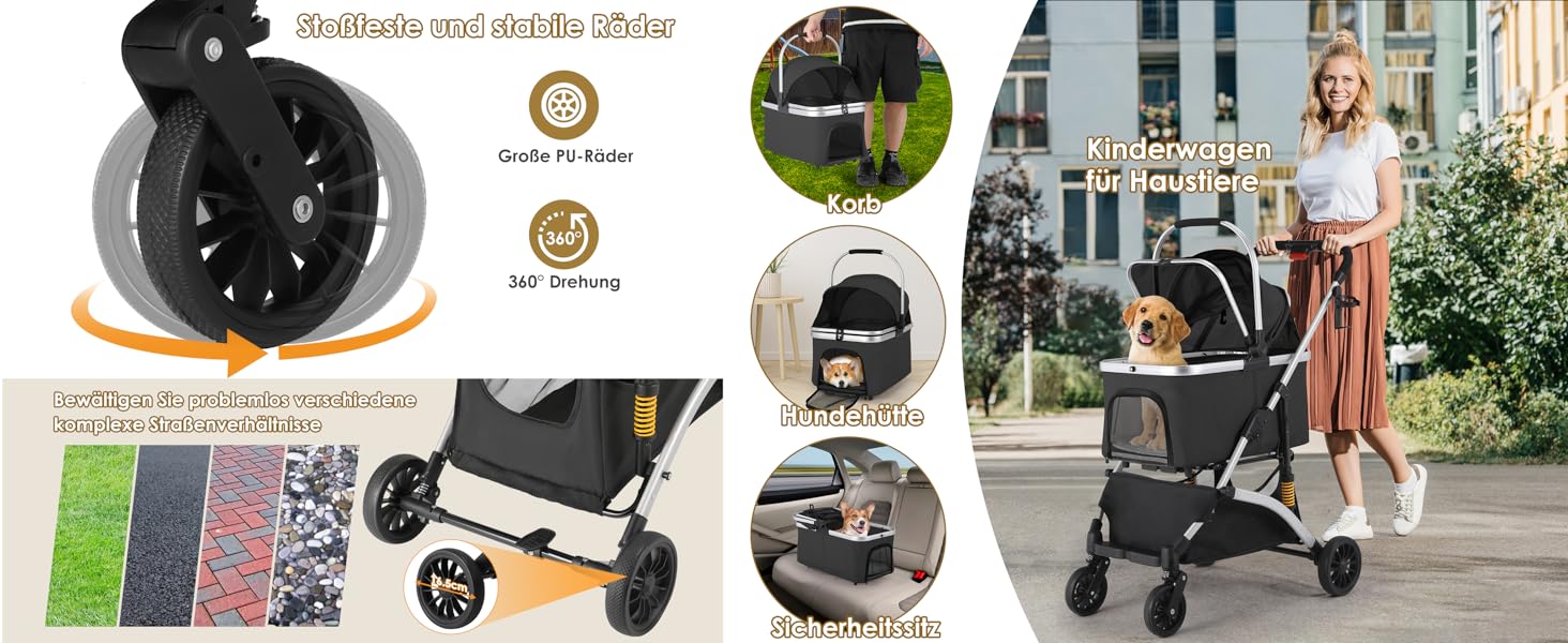 Візок для собак Mamizо 3-в-1: візок, переноска, сумка. До 20 кг, поворотні колеса, кошик, тримач для напоїв, для собак та котів (сріблястий, чорний)