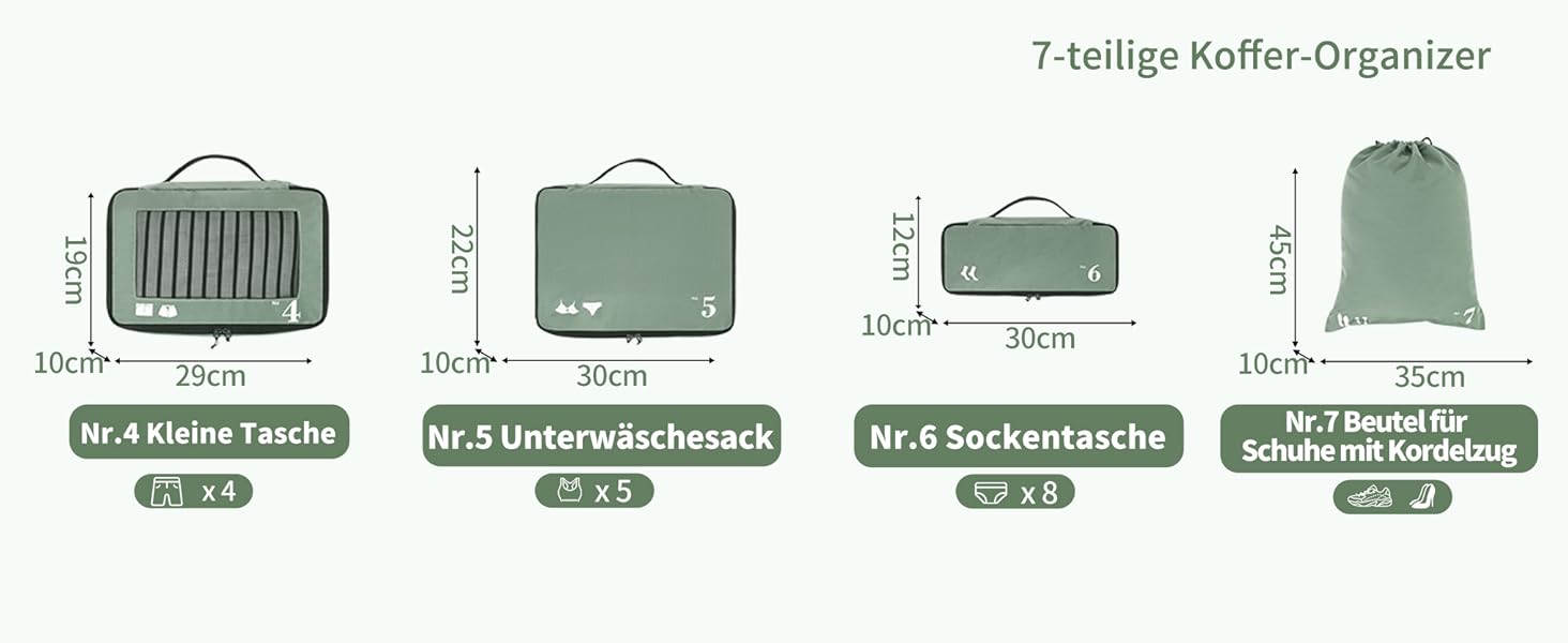 Набір органайзерів для валізи ECOHUB 7 шт., тревел-куби з блискавкою, з переробленого PET, зелений колір