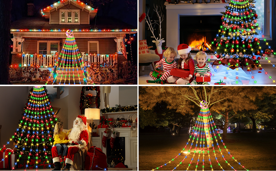 Гірлянда для ялинки 3.5м, 346 LED, 9 струмків, зірка-верхівка, 8 режимів, вологостійка, тепле біле світло (RGB), для декору ялинки