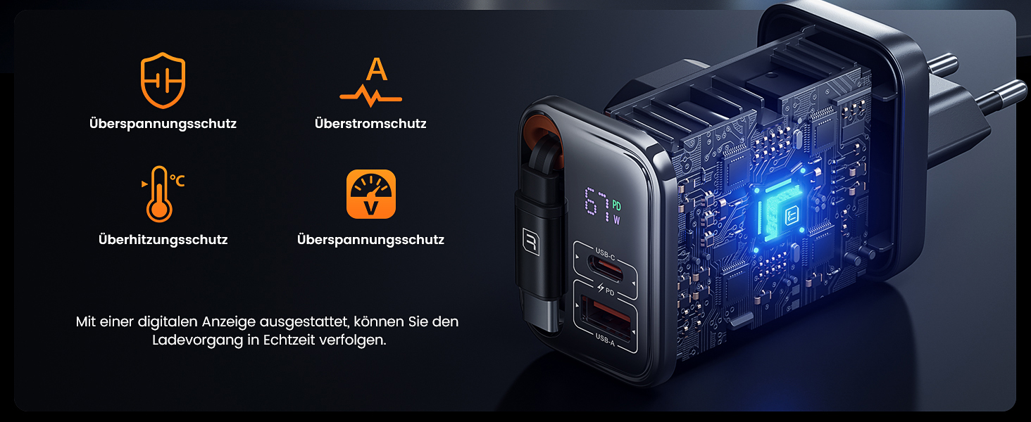 Зарядний пристрій USB-C toocki GaN 67W з LED дисплеєм та вбудованим кабелем для MacBook, iPhone 17 Pro Max, Samsung Galaxy S24 Ultra/S23, Nintendo Switch, ноутбуків та смартфонів - Чорний