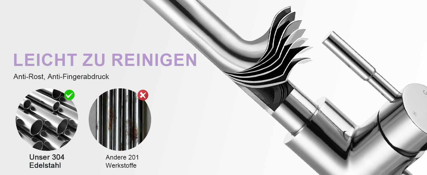 Кран кухонний iVIGA висувний з дощу, водоспад, 360° поворот, мікшер, брашований нікель