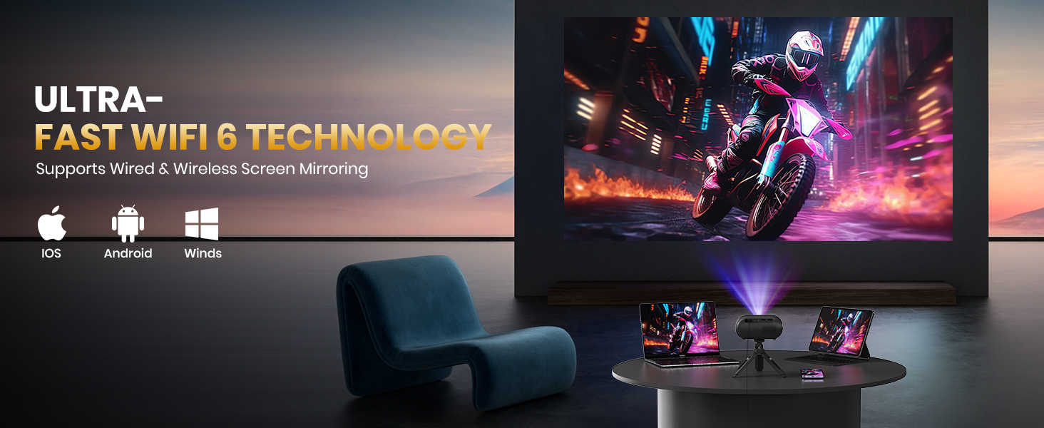 Портативний проєктор Mini Beamer 1080p з Wi-Fi, Bluetooth та штативом. Підтримка HDMI, USB, смартфонів, TV-Stick. Ідеально для домашнього кінотеатру та спальні. Чорний колір.