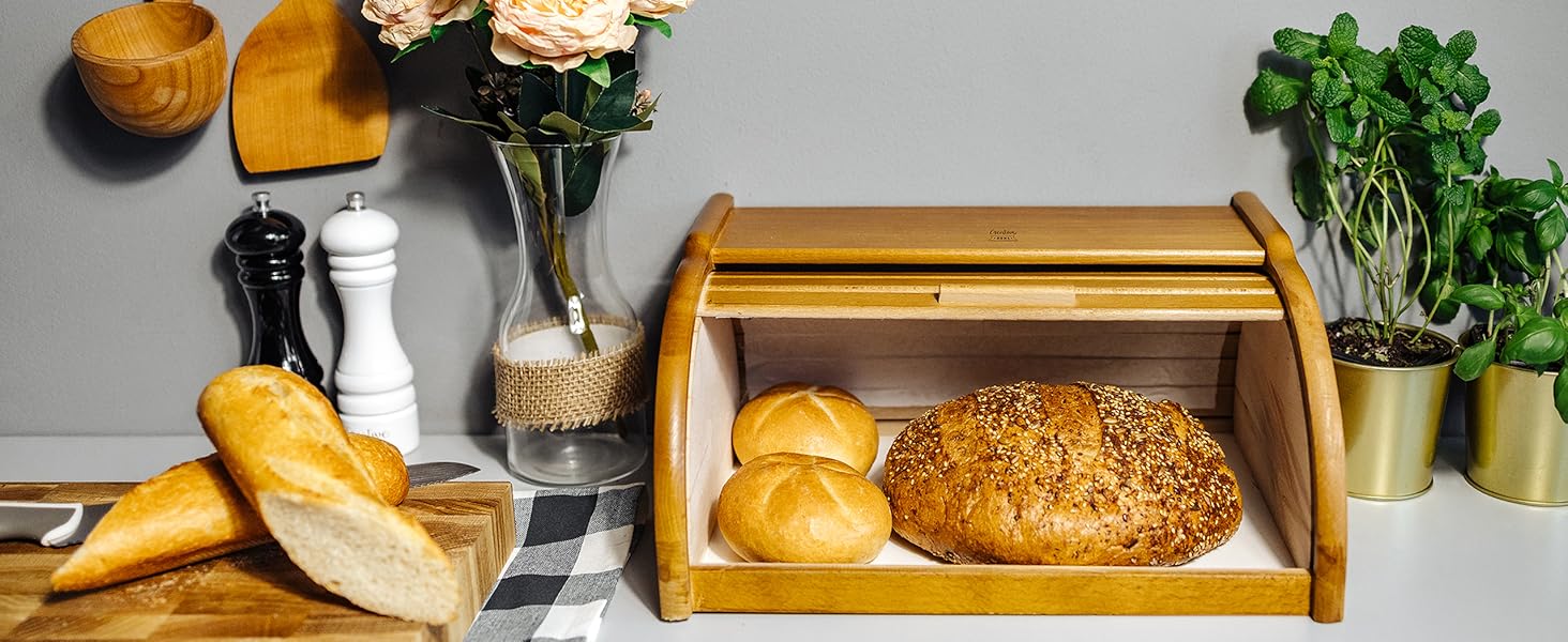 Дерев'яний хлібний ящик Creative Home | 38 x 28,5 x 17,5 см | Для хліба, булок, випічки | З відкидним кришкою | Натуральний хлібний контейнер для кухні