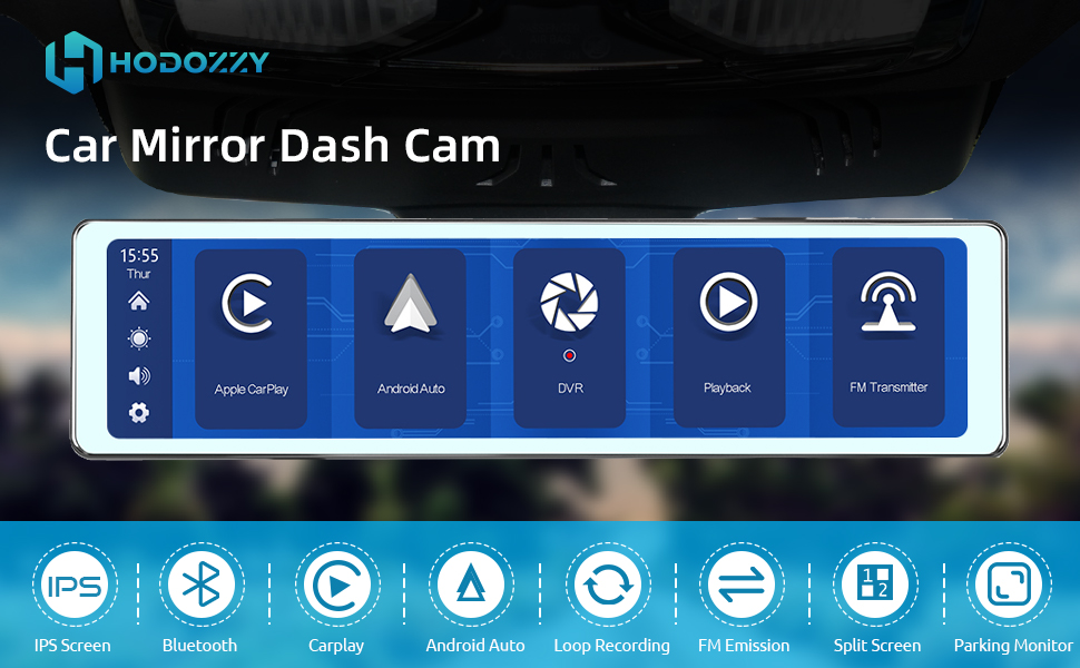 Автомобільний відеореєстратор Hodozzy з дзеркалом, Carplay, Android Auto, Bluetooth, 11.26