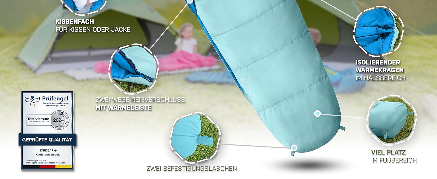 Дитячий спальний мішок для кемпінгу Lila/Türkis (Aqua Splash) | 100% бавовна, легкий та теплий | Розмір до 145 см, 1200г