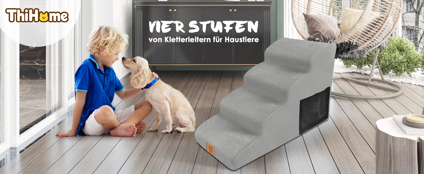Сходинки для собак та котів на 4 сходинки, 50 см, з антиковзким покриттям. Зручні сходинки для домашніх тварин сірого кольору. Можливість прання чохла.