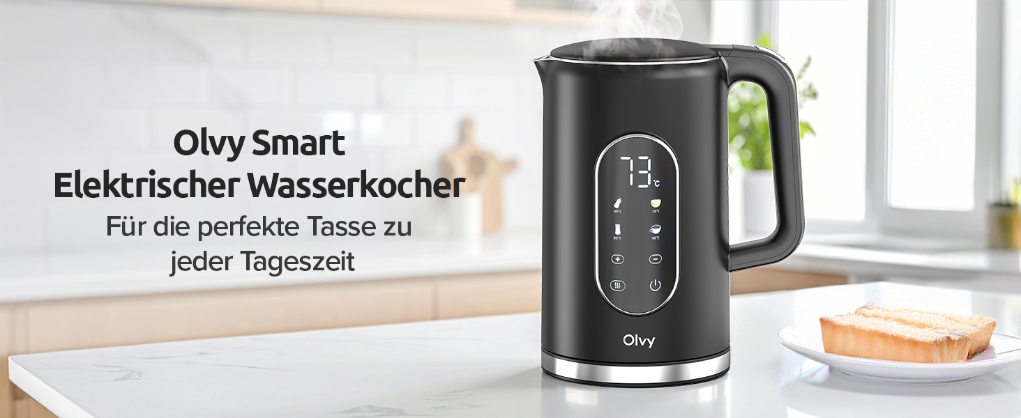 Електричний чайник Olvy 1,7л з регулюванням температури, функцією підігріву та подвійними стінками з нержавіючої сталі, чорний