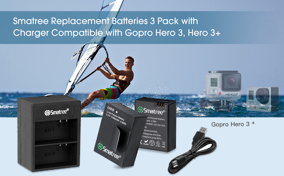 Акумулятор Smatree та швидке подвійне зарядне пристрій для GoPro HERO3+, HERO3 - заміна GoPro AHDBT-201, AHDBT-301, AHDBT-302, AHBBP-301, ACARC-001, AWALC-001 G3-1