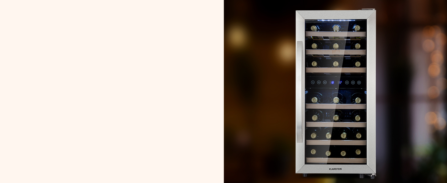 Klarstein 33-Bottle Wine Refrigerator - 2 Zone Freestanding Wine Cooler with Glass Door, Indoor/Outdoor Beersafe, LED Lighting, 5-18°C - Silver/Black