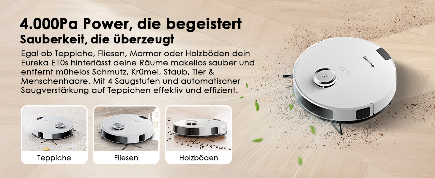 Робот-пилосос EUREKA E10s 2.Gen з вологою тканиною + станція самоочищення (4000Pa, автовизначення килима, підйом мопа, LiDAR-навігація, для видалення шерсті тварин, керування через додаток/голос) (білий)